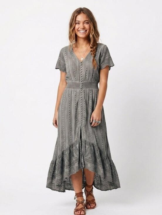 Young Fabulous & Broke Dresses & Skirts - Young Fabulous & Broke Gray Eyelet Lace Maxi Dress - Large